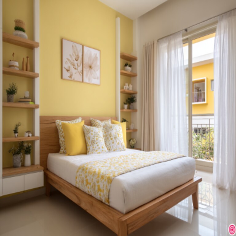 Subtle White and Yellow Wall Colour Combination for Bedroom with Wooden Bed Frame and Open Shelf