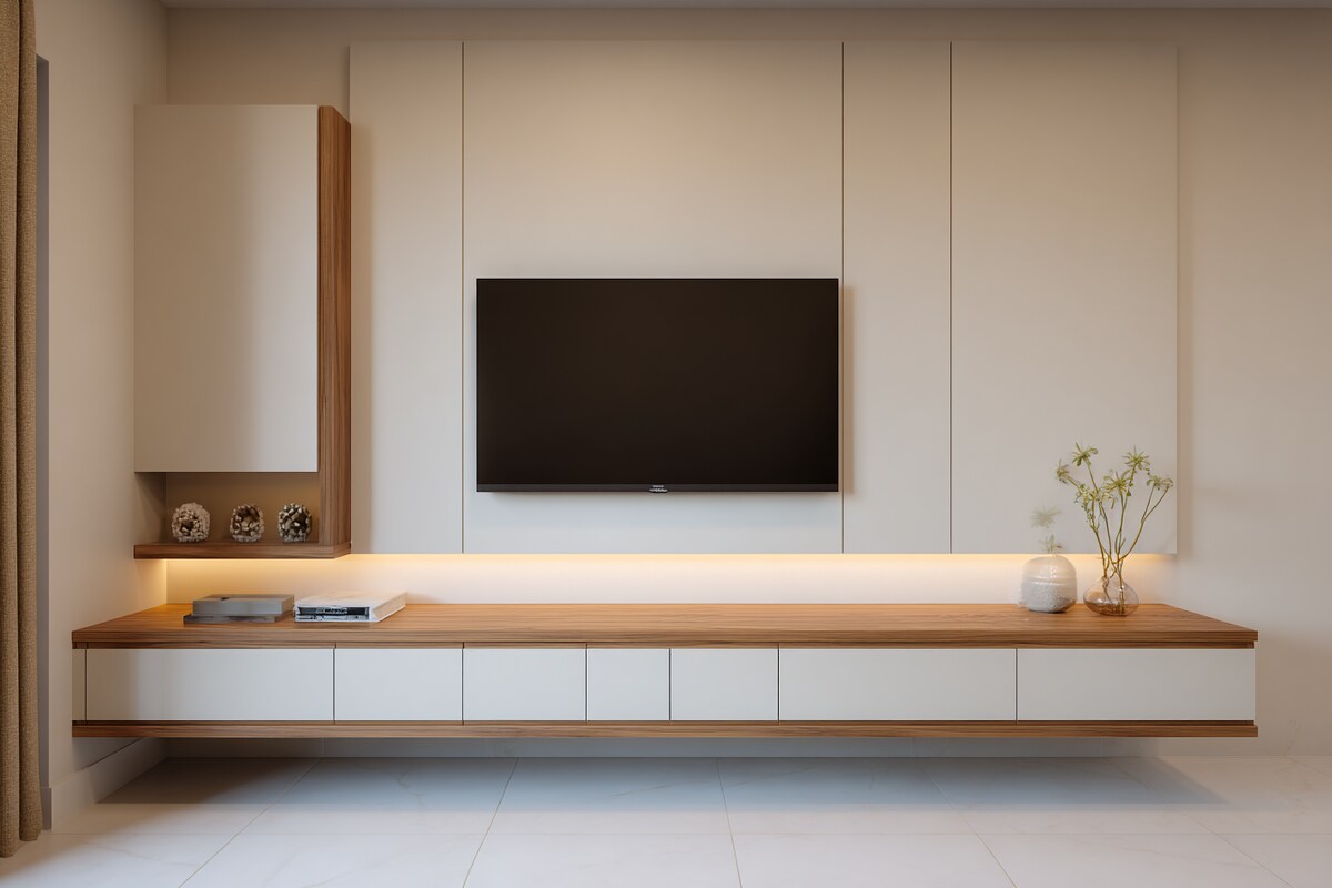 Tall TV Unit Design in Teak Finish with Open and Closed Storage