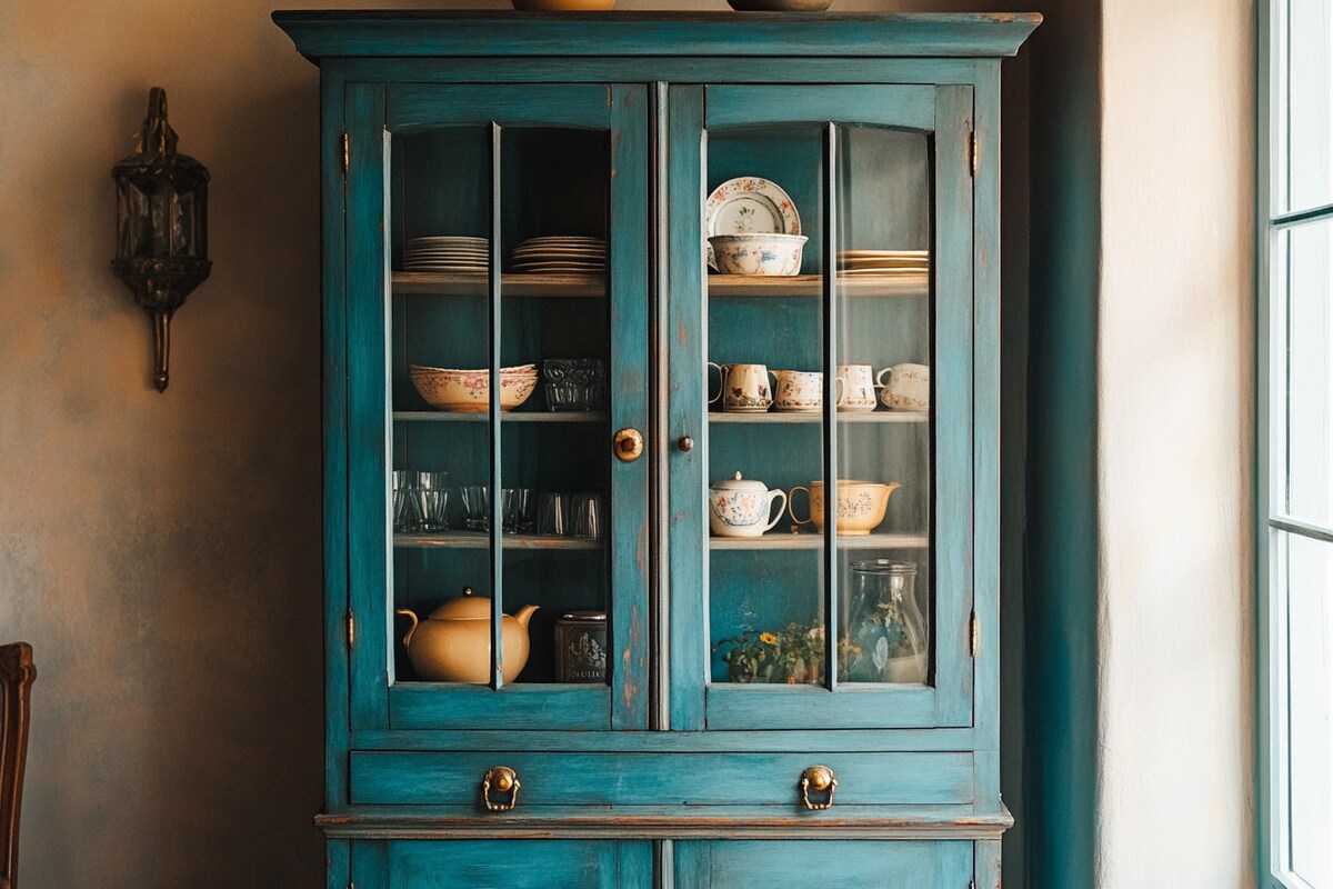 Teal Blue Vintage Crockery Unit Design with Glass Display Doors