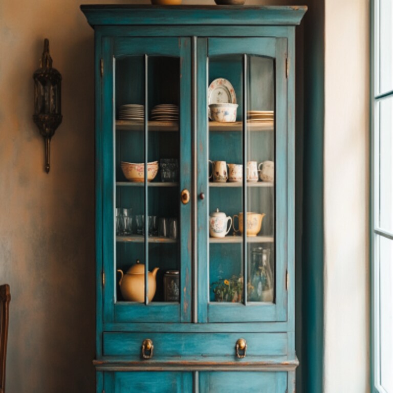 Teal Blue Vintage Crockery Unit Design with Glass Display Doors Teal Blue Vintage Crockery Unit Design with Glass Display Doors