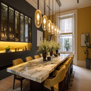 Timeless Black and Gold Wall Colour Combination for Dining Room with Marble Dining Table and Designer Lights