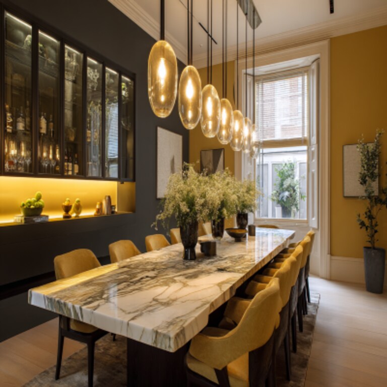 Timeless Black and Gold Wall Colour Combination for Dining Room with Marble Dining Table and Designer Lights Timeless Black and Gold Wall Colour Combination for Dining Room with Marble Dining Table and Designer Lights
