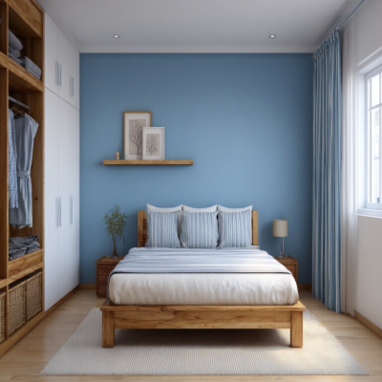 Timeless Blue and White Wall Colour Combination for Bedroom with Wooden Bed and Open Wardrobe Timeless Blue and White Wall Colour Combination for Bedroom with Wooden Bed and Open Wardrobe