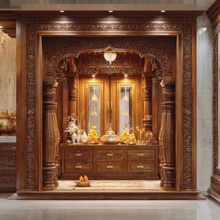 Traditional Pooja Unit Design With Intricate Drawers