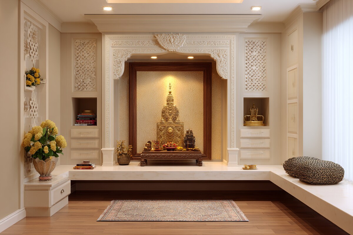 Traditional Style Pooja Room Design With Wooden Frame Traditional Style Pooja Room Design With Wooden Frame