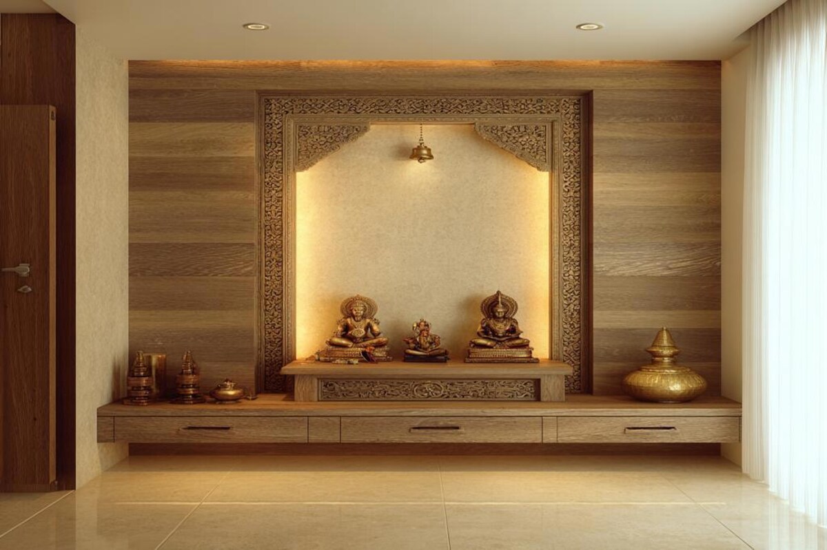 Traditional Style Spacious Pooja Room Design In Wood