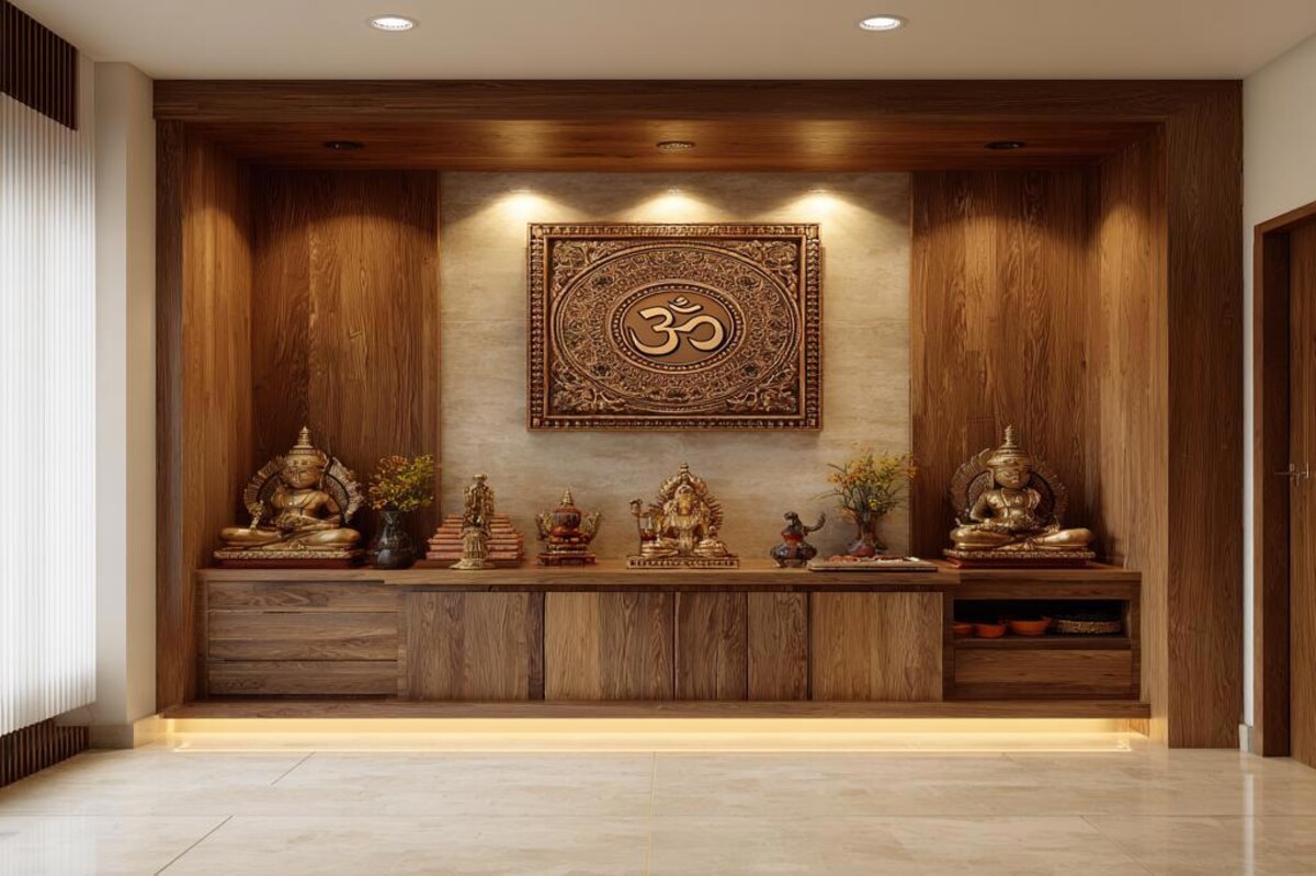 Traditional Wooden Pooja Room Design with Om Artwork and Low Cabinets