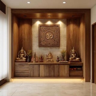 Traditional Wooden Pooja Room Design with Om Artwork and Low Cabinets