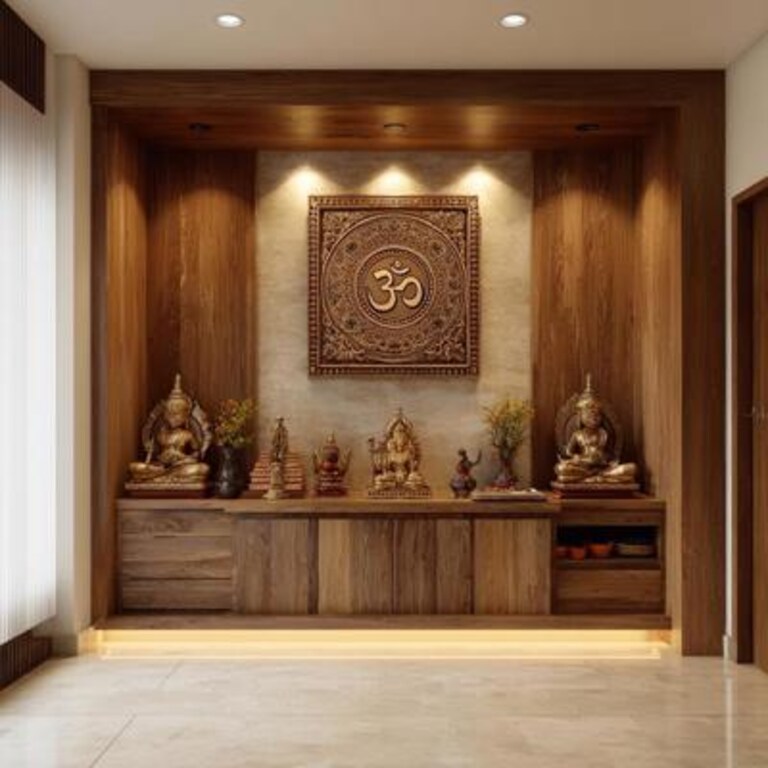 Traditional Wooden Pooja Room Design with Om Artwork and Low Cabinets