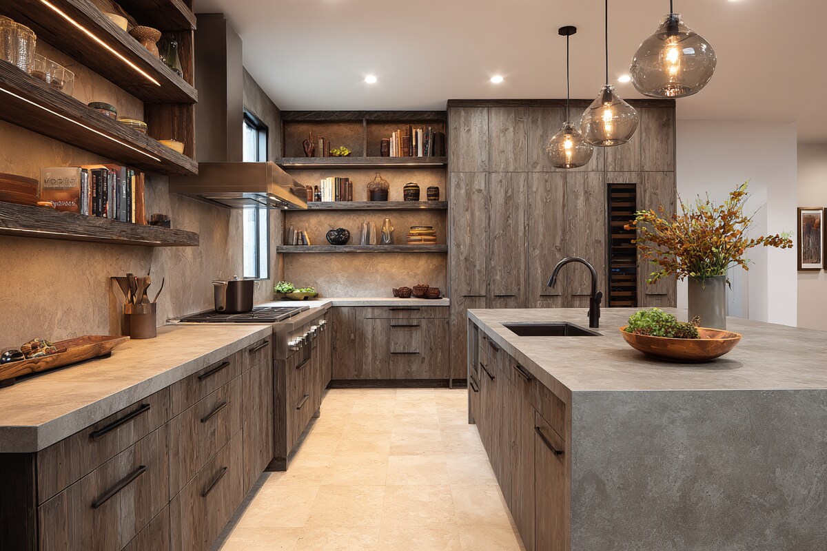 Transitional L-Shaped Kitchen Design with Autumn Leaf and Concrete Finishes Transitional L-Shaped Kitchen Design with Autumn Leaf and Concrete Finishes