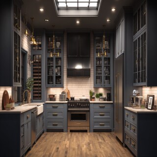 Transitional U-Shaped Kitchen Design with Matte Finish and Glass Cabinets