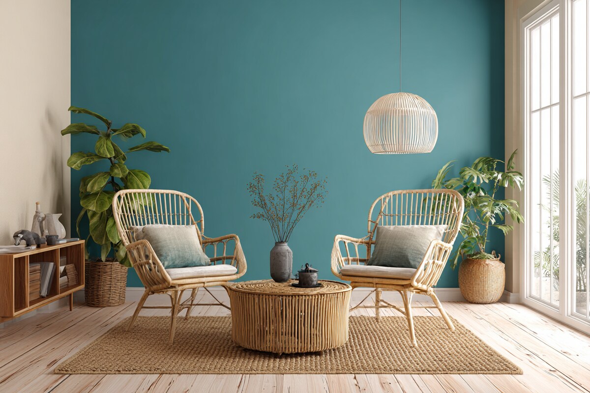 Trendy Teal and Beige Wall Colour Combination for Living Room with Rattan Chairs and Jute Rug Trendy Teal and Beige Wall Colour Combination for Living Room with Rattan Chairs and Jute Rug