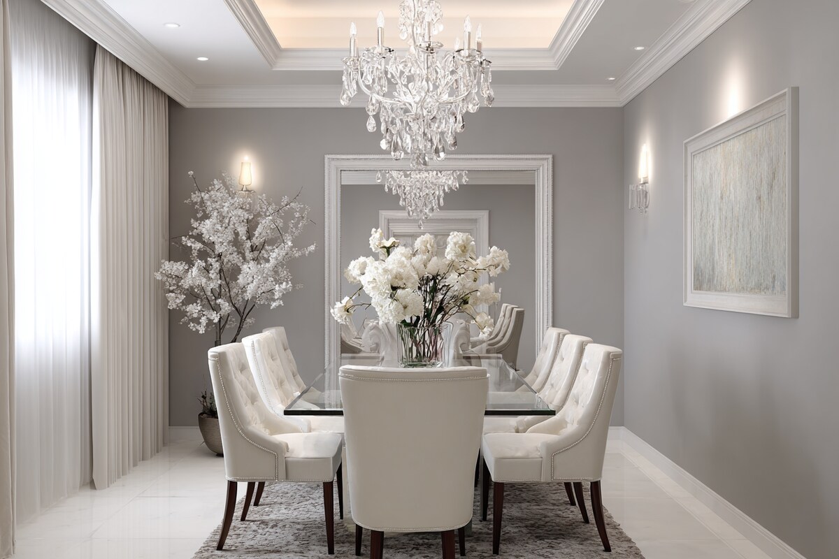 Trendy White and Grey Wall Colour Combination for Dining Room with Crystal Chandelier and Glass Table Trendy White and Grey Wall Colour Combination for Dining Room with Crystal Chandelier and Glass Table