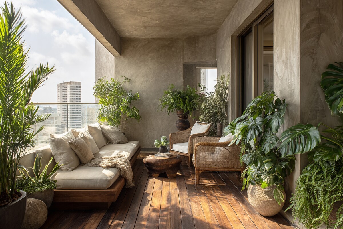 Tropical Balcony Design with Concrete Walls and Wooden Flooring