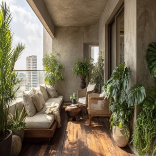 Tropical Balcony Design with Concrete Walls and Wooden Flooring