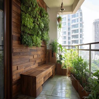 Tropical Balcony Design with Vertical Garden and Floating Wooden Bench