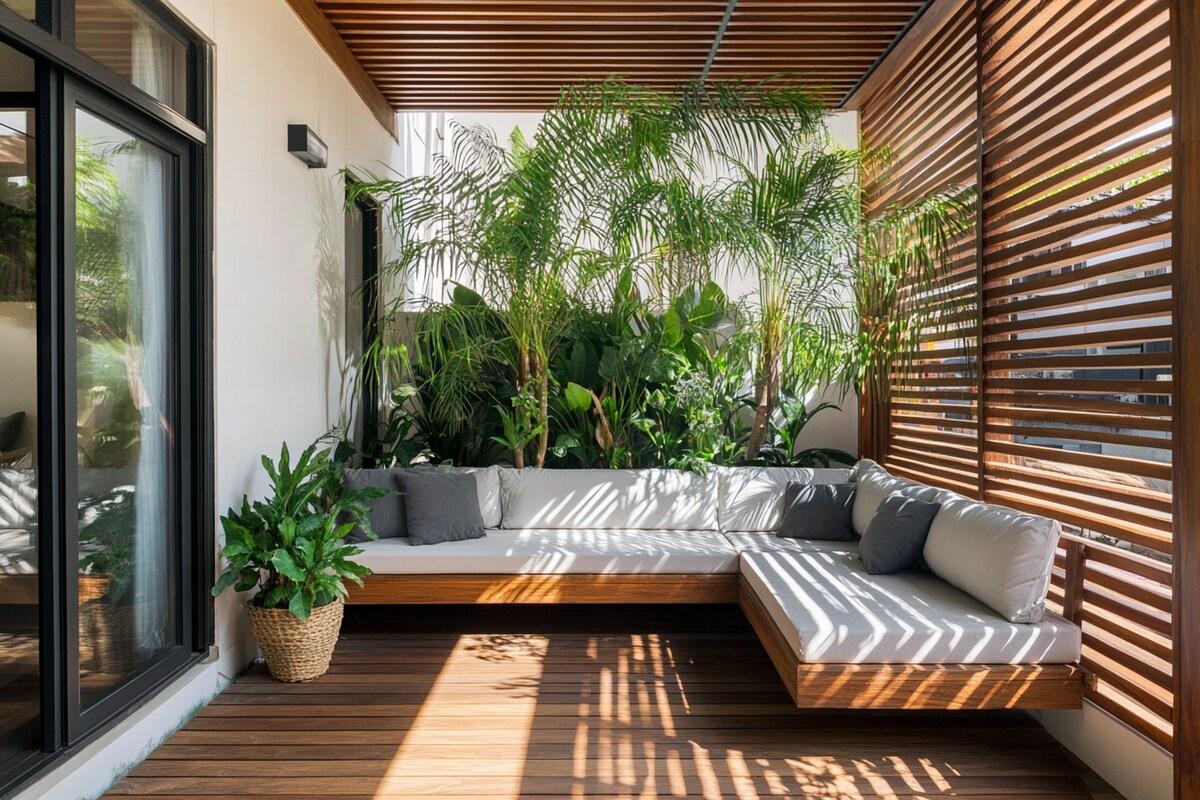 Tropical Balcony Design with Wooden Slats, L-Shaped Bench and Greenery Tropical Balcony Design with Wooden Slats, L-Shaped Bench and Greenery