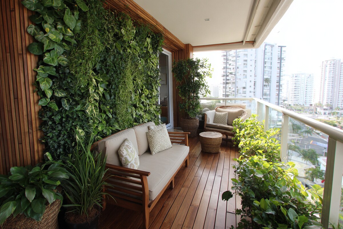 Tropical Balcony Design with Wooden Vertical Wall Planter Tropical Balcony Design with Wooden Vertical Wall Planter