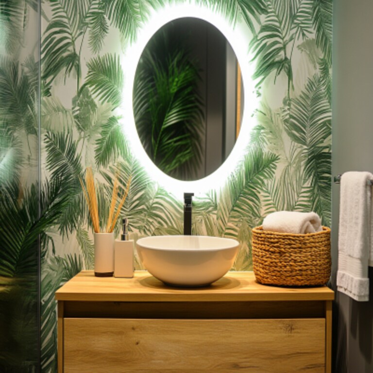 Tropical Bathroom Design With Palm Wallpaper and Warm LED Mirror