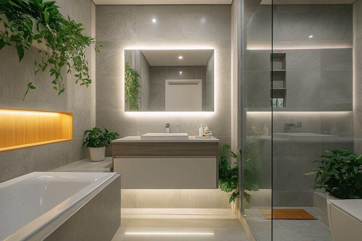 Tropical Grey Bathroom Design with Floating Vanity and LED Mirror Tropical Grey Bathroom Design with Floating Vanity and LED Mirror