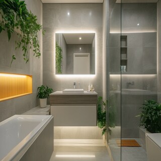 Tropical Grey Bathroom Design with Floating Vanity and LED Mirror