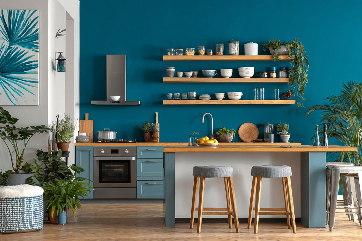 Tropical White and Blue Wall Colour Combination for Kitchen with Open Shelves and Steel Appliances Tropical White and Blue Wall Colour Combination for Kitchen with Open Shelves and Steel Appliances