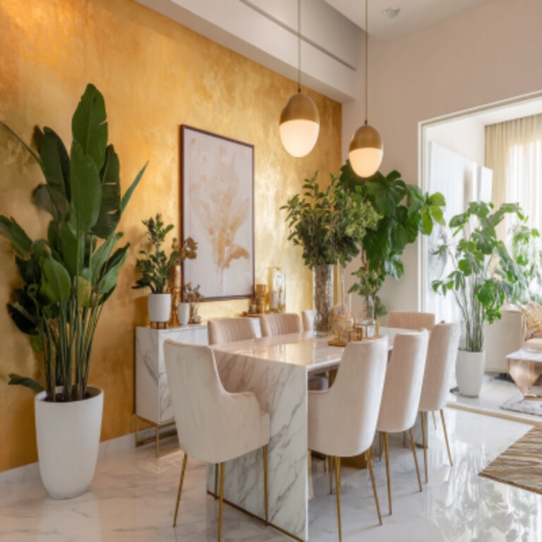 Tropical White and Gold Wall Colour Combination for Dining Room with Marble Table and Velvet Chairs Tropical White and Gold Wall Colour Combination for Dining Room with Marble Table and Velvet Chairs