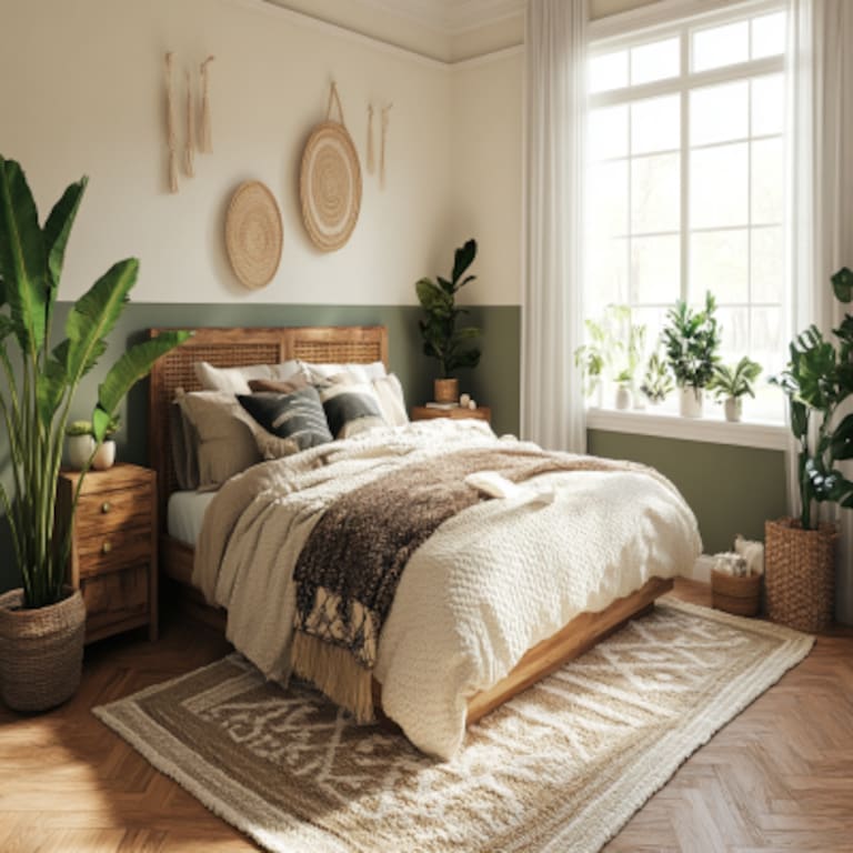 Two-Tone Cream and Sage Green Wall Paint Design with Boho Charm