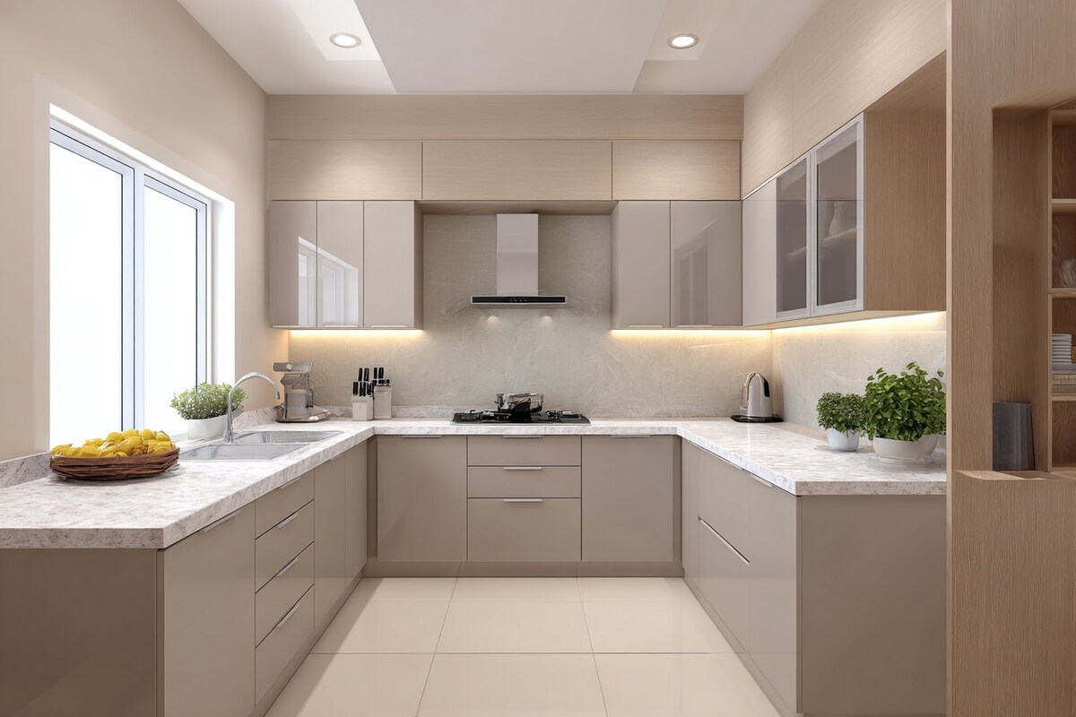 U-Shaped Contemporary Kitchen Design with LED Lights and Quartz Countertops U-Shaped Contemporary Kitchen Design with LED Lights and Quartz Countertops