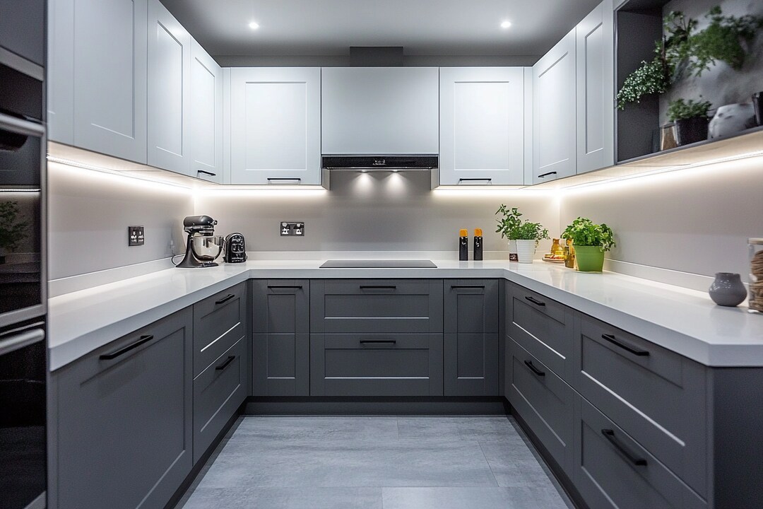 U-Shaped Kitchen Design in Gothic Grey and White with Quartz Countertop