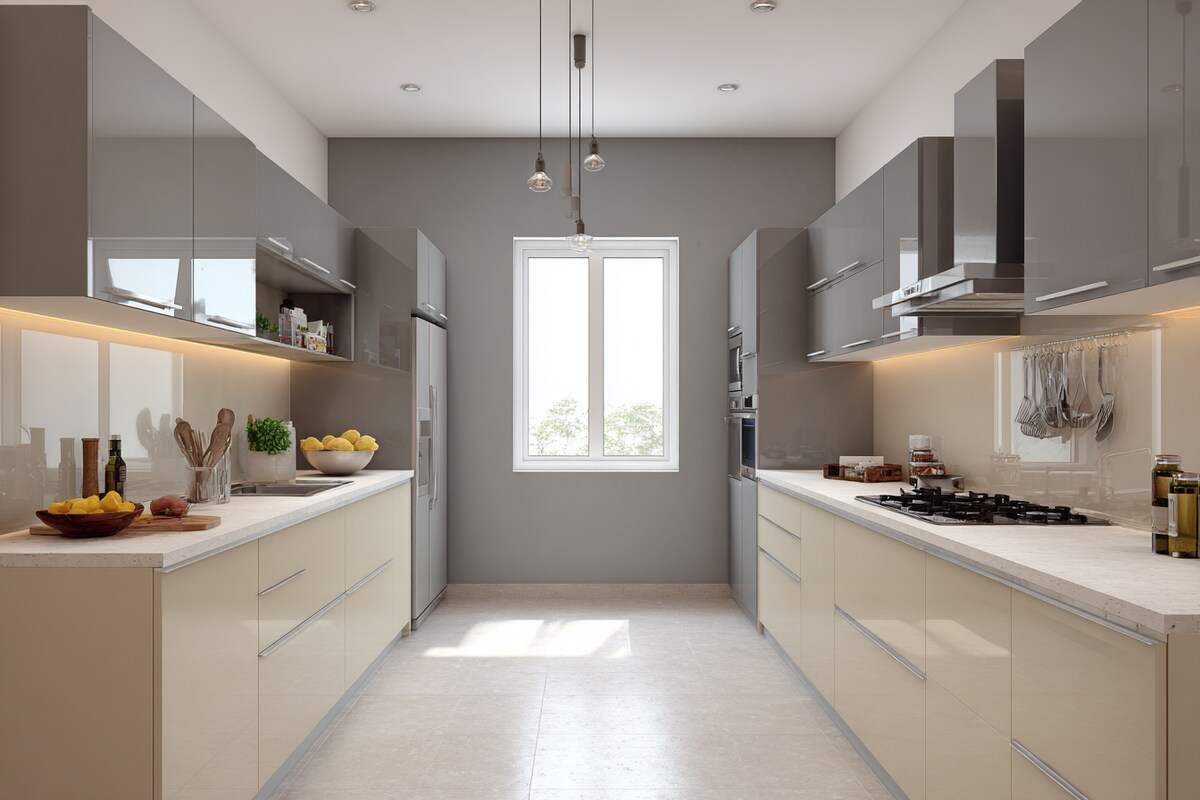 Unique Grey and Cream Wall Colour Combination for Kitchen with Sleek Cabinets and Hanging Lights