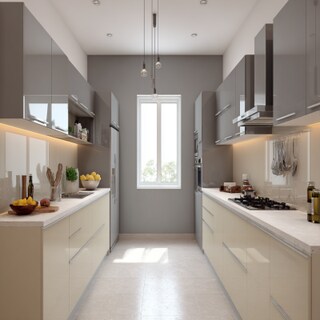 Unique Grey and Cream Wall Colour Combination for Kitchen with Sleek Cabinets and Hanging Lights