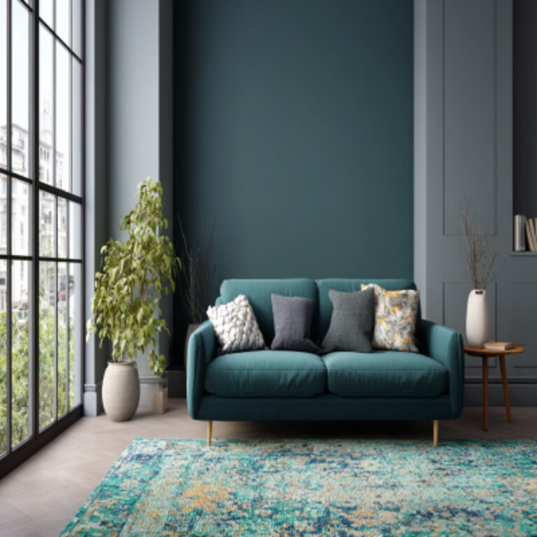 Unique Teal and Grey Wall Colour Combination for Living Room with Low Sofa and Patterned Carpet Unique Teal and Grey Wall Colour Combination for Living Room with Low Sofa and Patterned Carpet