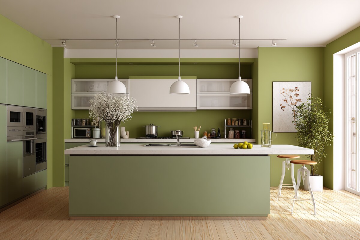 Vibrant Olive Green and White Wall Colour Combination for Kitchen with Sleek Cabinets and Pendant Lights Vibrant Olive Green and White Wall Colour Combination for Kitchen with Sleek Cabinets and Pendant Lights
