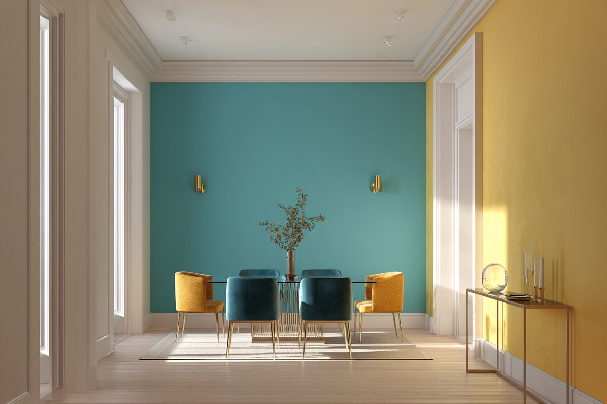 Vibrant Teal and Gold Wall Colour Combination for Dining Room with Velvet Chairs and Glass Console Table Vibrant Teal and Gold Wall Colour Combination for Dining Room with Velvet Chairs and Glass Console Table
