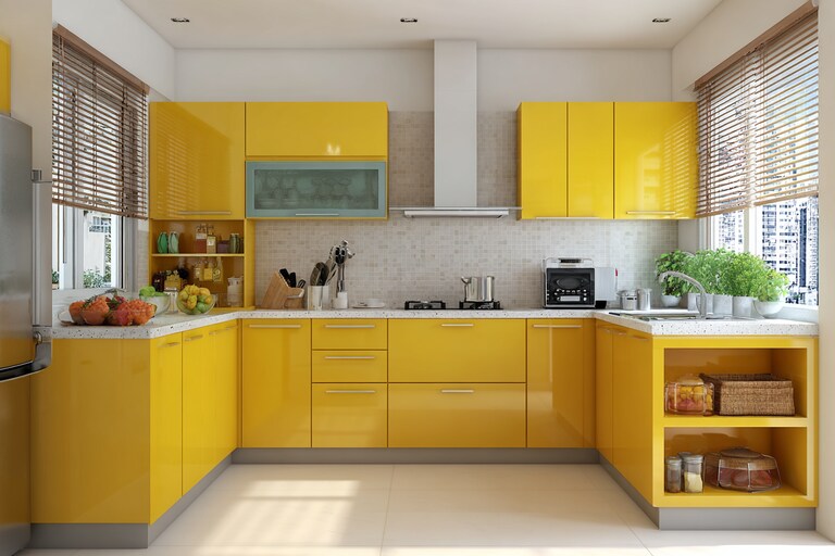 Vibrant Yellow Modern LShaped Kitchen Design with Quartz Countertop