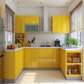Vibrant Yellow Modern L-Shaped Kitchen Design with Quartz Countertop