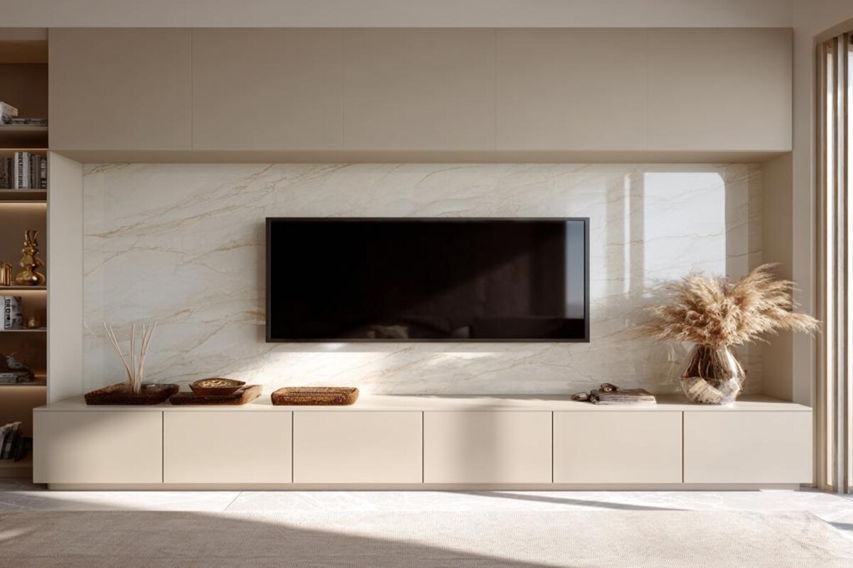 Wall Mounted Beige Contemporary TV Unit Design With Marble Frame Wall Mounted Beige Contemporary TV Unit Design With Marble Frame