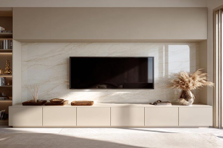 Beige Contemporary TV unit design with Overhead Cabinets and Marble ...