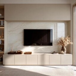 Off White Contemporary TV unit design With Marble Top and Hidden Storage