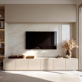 Wall Mounted Beige Contemporary TV Unit Design With Marble Frame