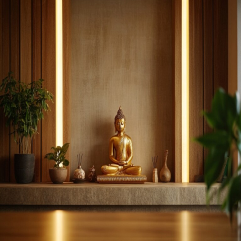 Wall-Mounted Minimal Pooja Unit Design with Golden Buddha