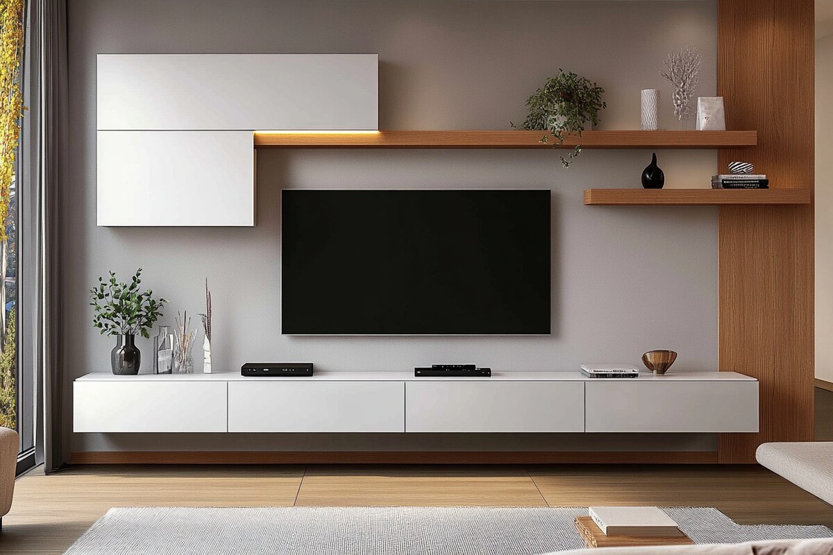 Wall-Mounted Modern White TV Unit With Drawers And Shelves
