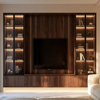 Walnut Bronze Contemporary TV Unit Design with Glass Storage