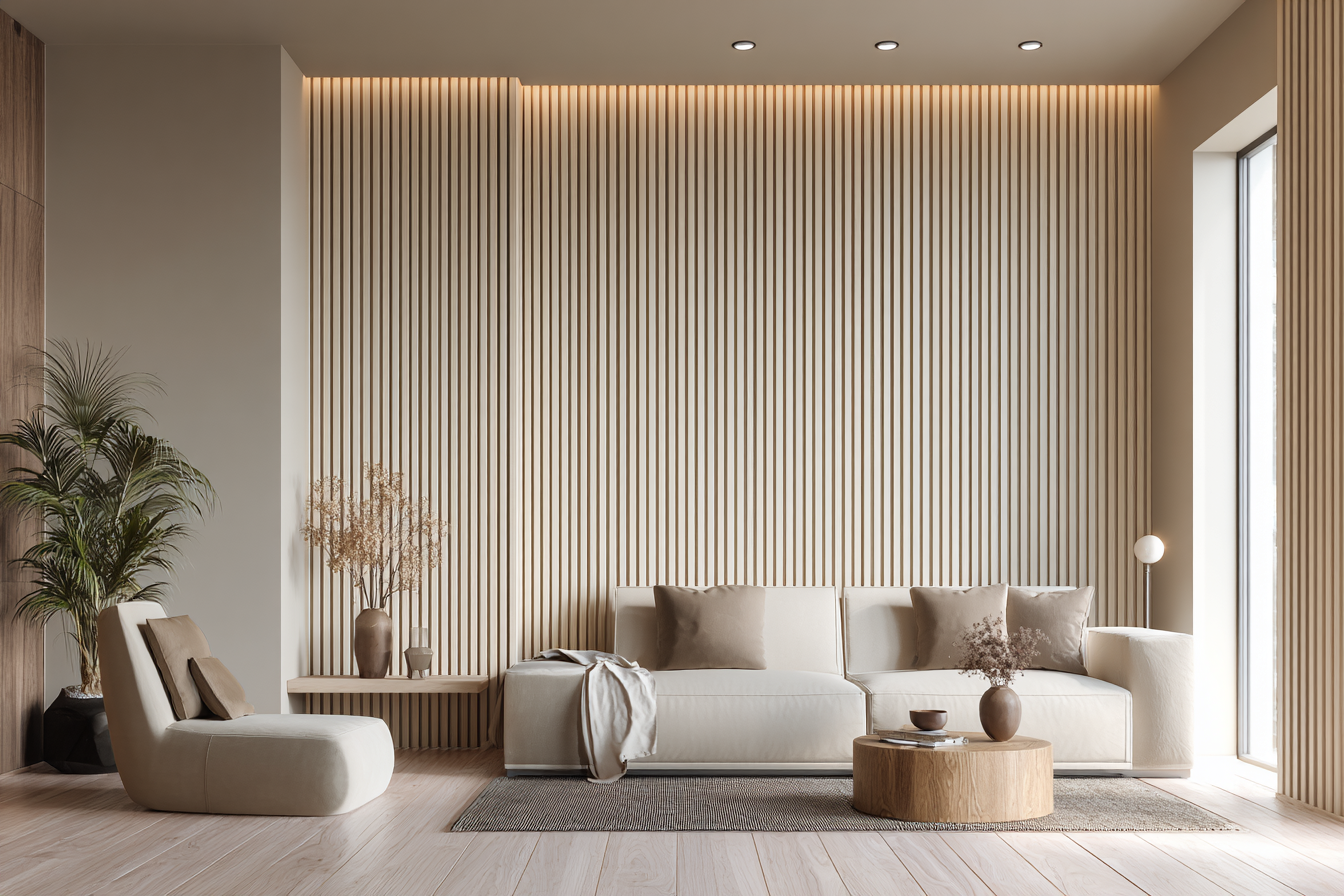 Warm Beige Fluted Accent Wall with Vertical Ridges Modern Wall Design