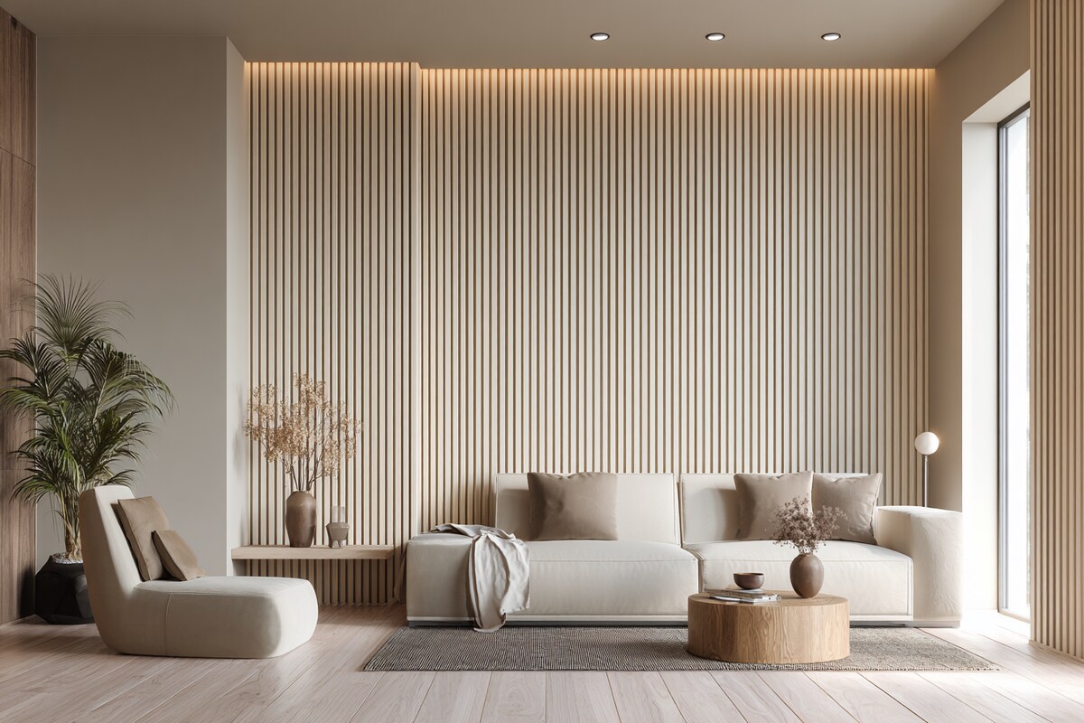 Warm Beige Fluted Accent Wall with Vertical Ridges Modern Wall Design