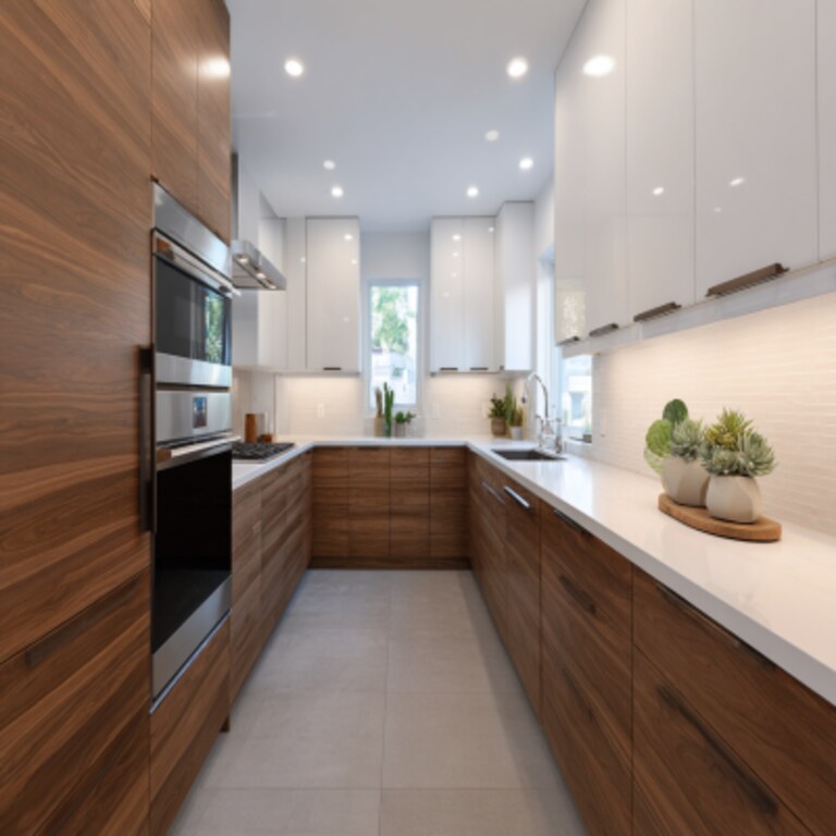 Warm Contemporary U-Shaped Kitchen Design in Walnut and White