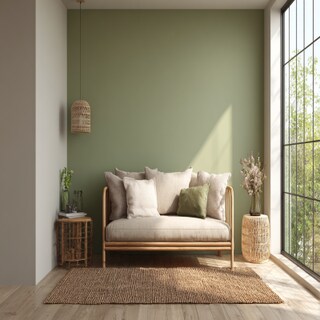 Warm Grey and Olive Wall Colour Combination for Living Room with Cane Sofa and Woven Rug
