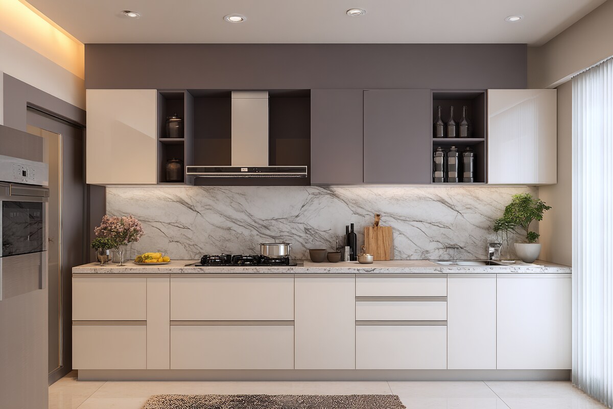 Warm White and Grey Wall Colour Combination for Kitchen with Hidden Storage and Slim Countertop Warm White and Grey Wall Colour Combination for Kitchen with Hidden Storage and Slim Countertop