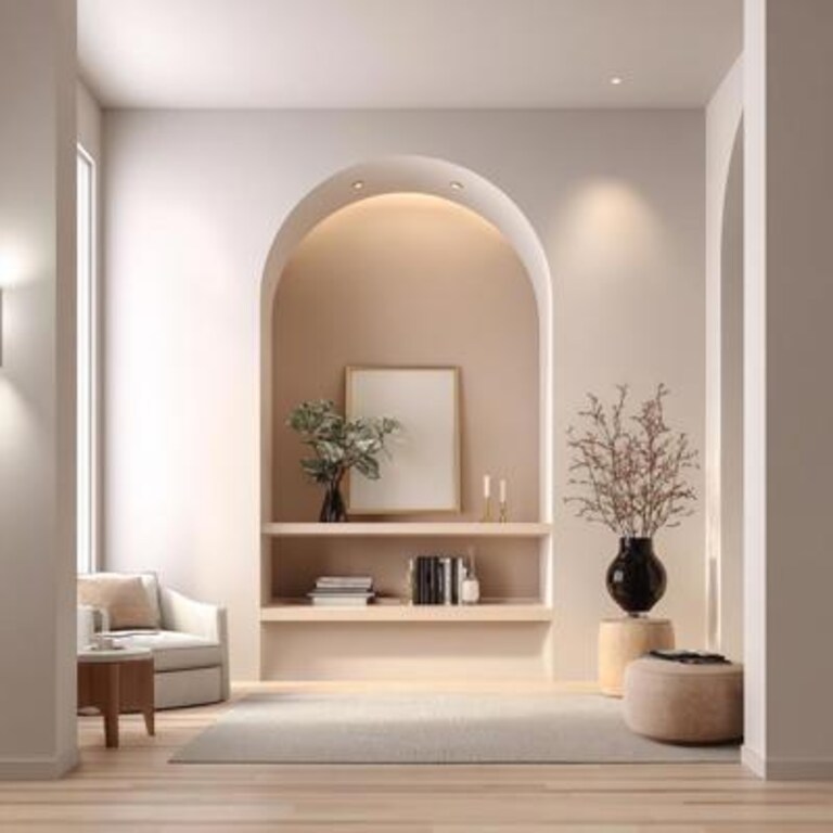 White and Beige Wall Paint Design With Subtle Arched Niche White and Beige Wall Paint Design With Subtle Arched Niche
